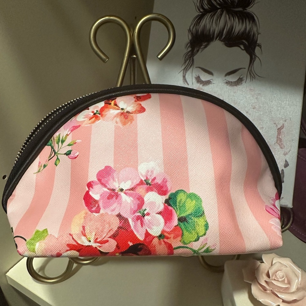 Pink and Green Floral Striped Cosmetic Bag with Dome Shape NWOT